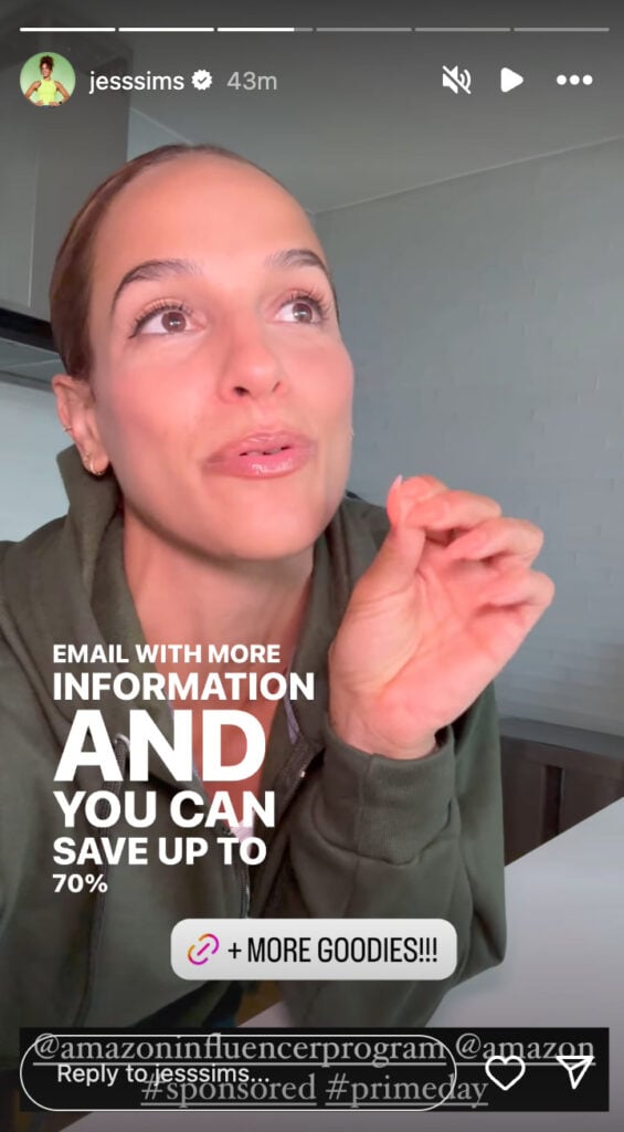 Jess Sims' Instagram Story promoting 2024 Amazon Prime Day sales.